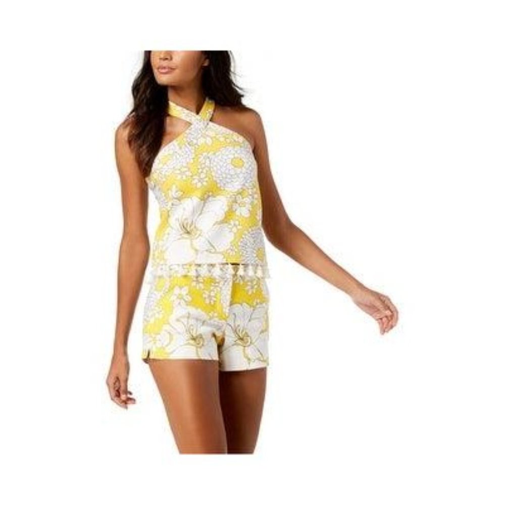 Trina Turk Yellow and White Floral Halter with Pom poms